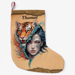 Calcetín Navideño Pequeño El tigre y la mujer, fuerza y gracia.