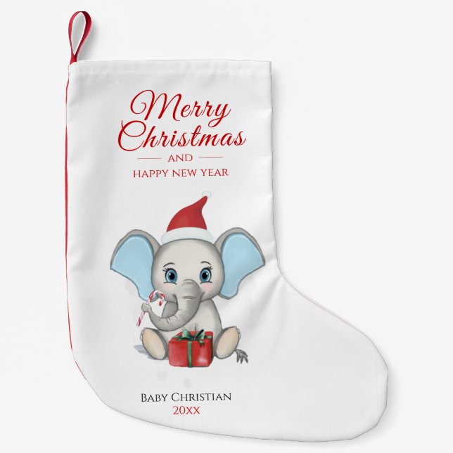 Calcetín Navideño Pequeño Elefante de Navidades Adorables | Personalizado (Anverso)