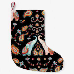 Calcetín Navideño Pequeño Elefante Tribal: Patrón Paisley de acuarela.