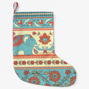 Calcetín Navideño Pequeño Elefantes, flores, estampado étnico