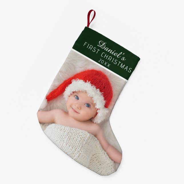 Calcetín Navideño Pequeño Elegant Green Baby Photo Custom Name (Frente (Colgado))