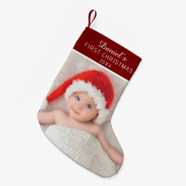 Calcetín Navideño Pequeño Elegant Red Baby Photo Custom Name