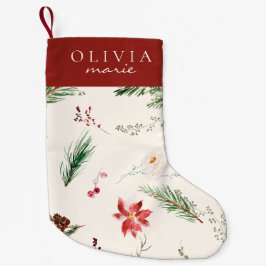 Calcetín Navideño Pequeño Elegante Boho Poinsettia Pine Holly Nombres