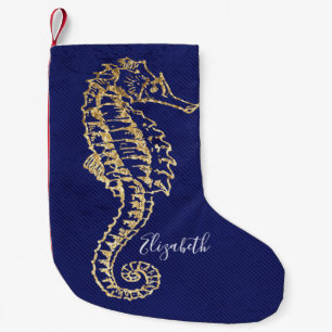 Calcetín Navideño Pequeño Elegante caballo azul dorado de playa