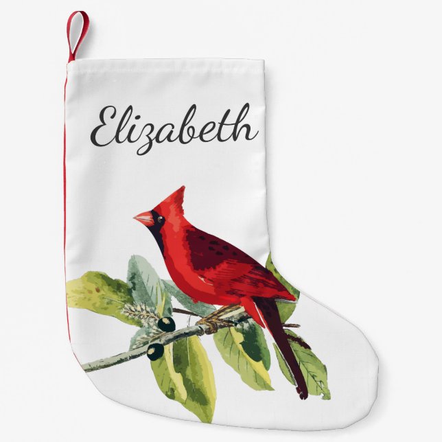 Calcetín Navideño Pequeño Elegante cardenal rojo pájaro y nombre en guión (Anverso)