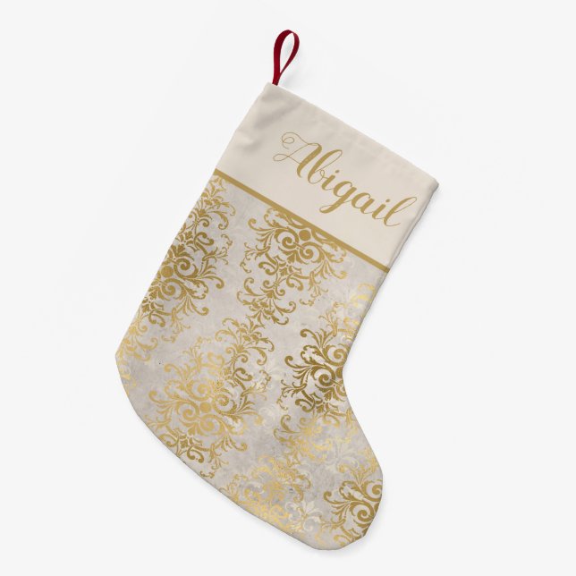 Calcetín Navideño Pequeño Elegante dorado marfil damasco personalizado (Frente (Colgado))