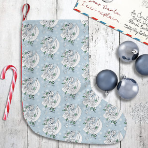 Calcetín Navideño Pequeño Elegante Dragón de Hielo Blanco Rosas Azules Fanta