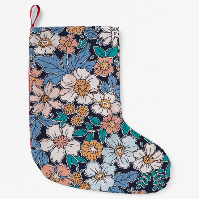 Calcetín Navideño Pequeño Elegante estampado floral en flor de tracción a ma (Anverso)