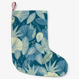 Calcetín Navideño Pequeño Elegante foliación tropical gris y azul sin soldad