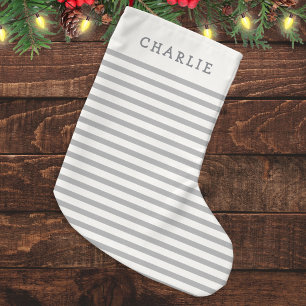 Calcetín Navideño Pequeño Elegante gris rayas blancas suaves nombre personal