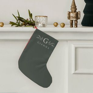 Calcetín Navideño Pequeño Elegante Monograma Botánico Verde y Nombre