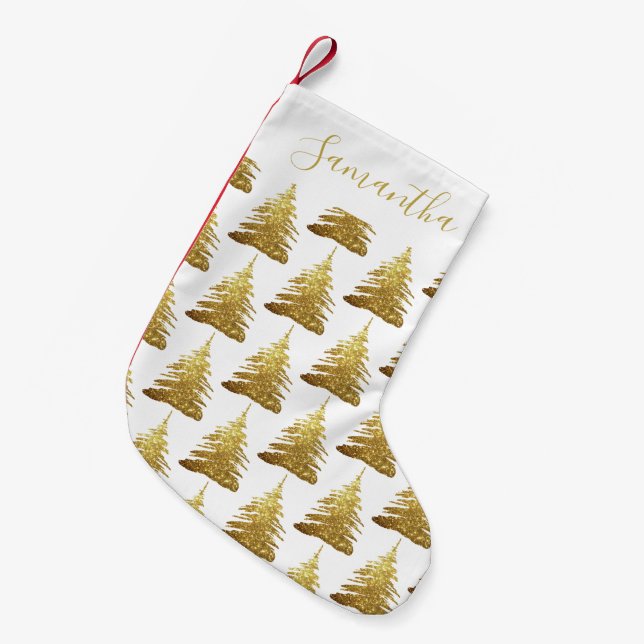 Calcetín Navideño Pequeño Elegante nombre de árboles Purpurinas de oro (Frente (Colgado))