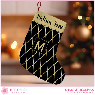 Calcetín Navideño Pequeño Elegante patrón de diamante negro y oro Monograma