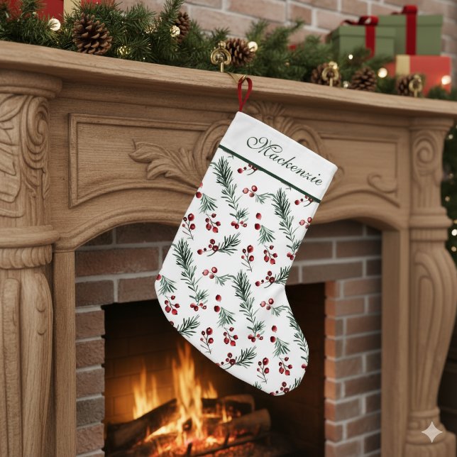 Calcetín Navideño Pequeño Elegante Personalizado de Navidades botánicos rojo (Elegant Red and Green Botanical Christmas Custom Small Christmas Stocking)