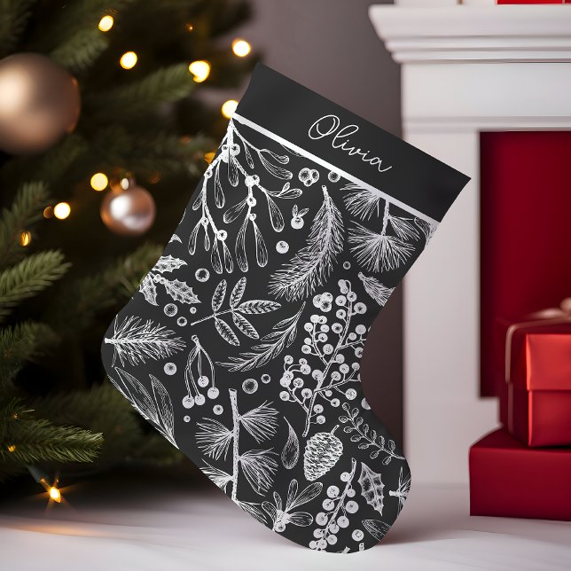 Calcetín Navideño Pequeño Elegante Pino Botánico Y Berries Personalizados (Subido por el creador)