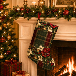 Calcetín Navideño Pequeño Elegante Plaid Burgundy y Flor de Pascua