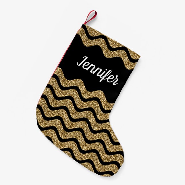 Calcetín Navideño Pequeño Elegante Purpurina dorado Black Chevron Stripes No (Frente (Colgado))