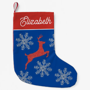 Calcetín Navideño Pequeño Elegante Reno Ciervo Azul Rojo Plata Vintage