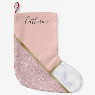 Calcetín Navideño Pequeño Elegante rosa geométrico oro purpurina mármol blan
