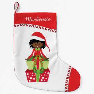 Calcetín Navideño Pequeño Elf, Chica afroamericano personalizado