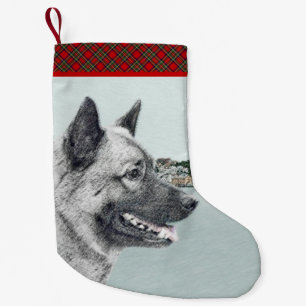 Calcetín Navideño Pequeño Elkhound noruego en pintura de aldea - Arte de per