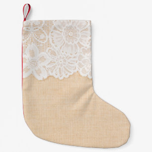 Calcetín Navideño Pequeño Encaje Ornamental Blanco sobre el diseño de tela p