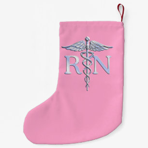 Calcetín Navideño Pequeño Enfermera inscrita RN Caduceus en rosa pastel