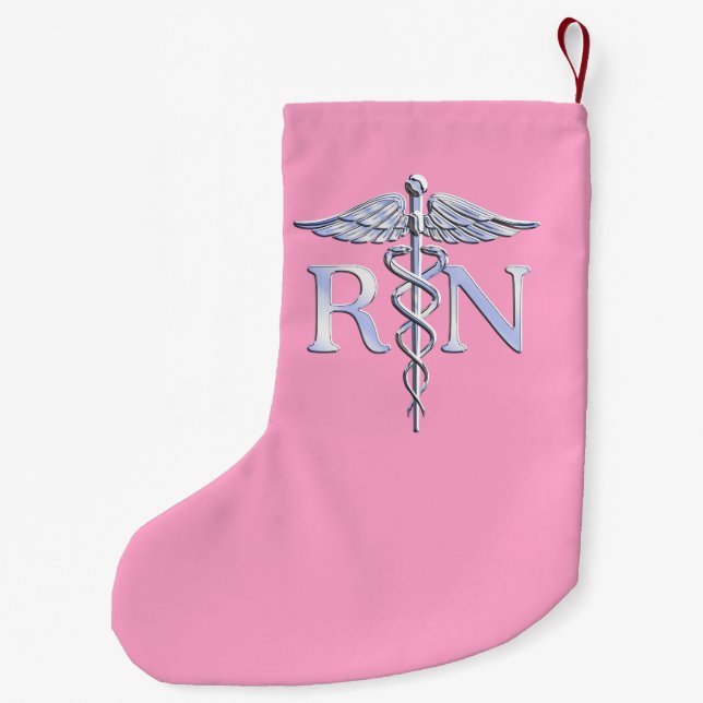 Calcetín Navideño Pequeño Enfermera inscrita RN Caduceus en rosa pastel (Reverso)