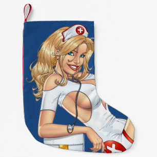 Calcetín Navideño Pequeño Enfermera rubia en uniforme que levanta medias