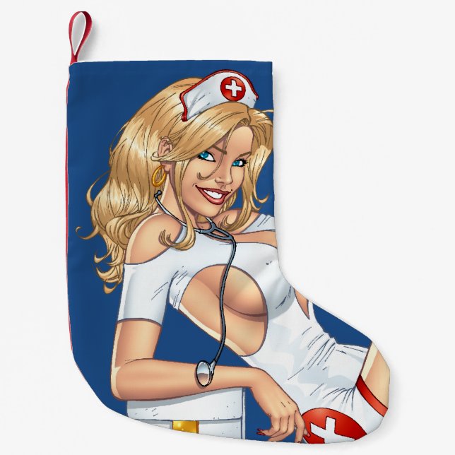 Calcetín Navideño Pequeño Enfermera rubia en uniforme que levanta medias (Anverso)