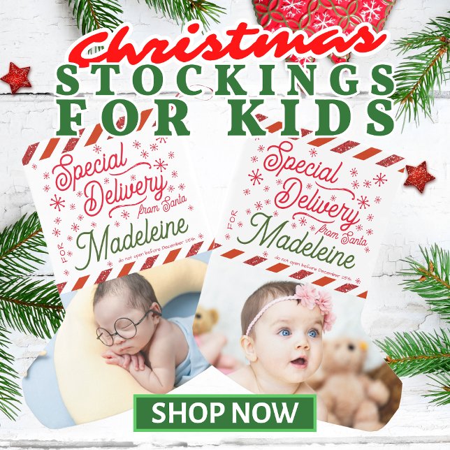 Calcetín Navideño Pequeño Entrega especial Santa Añadir nombre de foto bebé (Special Delivery from Santa: Christmas Stockings for Kids and Toddlers with Custom Name and Photo)