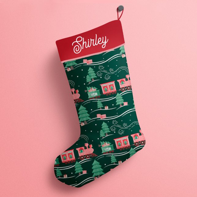 Calcetín Navideño Pequeño Entrega personalizada de árbol de navidad de tren  (Vintage Train Christmas Tree Delivery Personalized Small Christmas Stocking)
