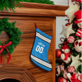 Calcetín Navideño Pequeño Equipo de fútbol azul, plateado, negro y blanco