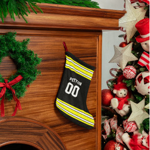 Calcetín Navideño Pequeño Equipo de fútbol negro y oro personalizado