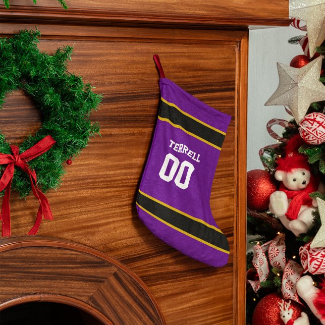 Calcetín Navideño Pequeño Equipo de fútbol púrpura y negro personalizado (Subido por el creador)