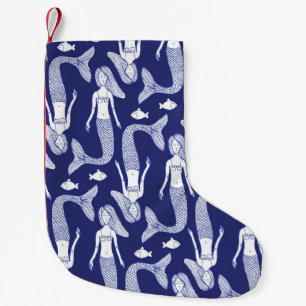 Calcetín Navideño Pequeño Esbozo de sirena: Patrón de peces de época.