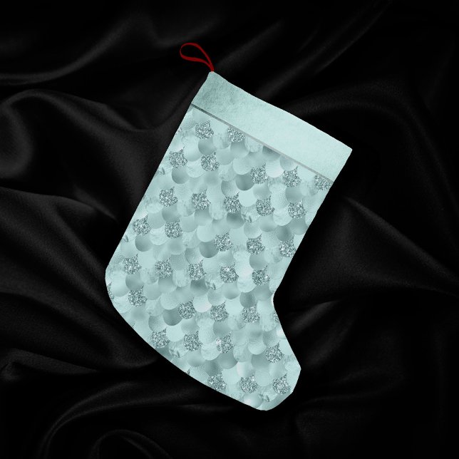 Calcetín Navideño Pequeño Escala de lujo de Sirena | Mint Seafoam Green Aqua (Subido por el creador)