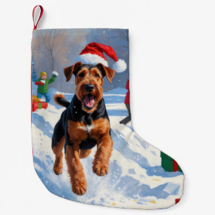 Calcetín Navideño Pequeño Escena Navideña Festiva de Snow Airedale