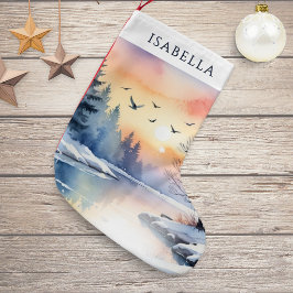 Calcetín Navideño Pequeño Escena personalizada de amanecer en lago invernal 