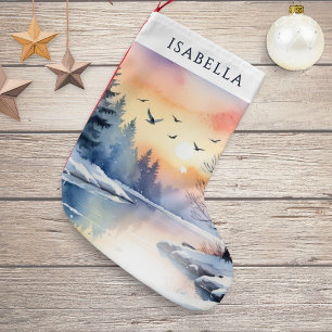Calcetín Navideño Pequeño Escena personalizada de amanecer en lago invernal 