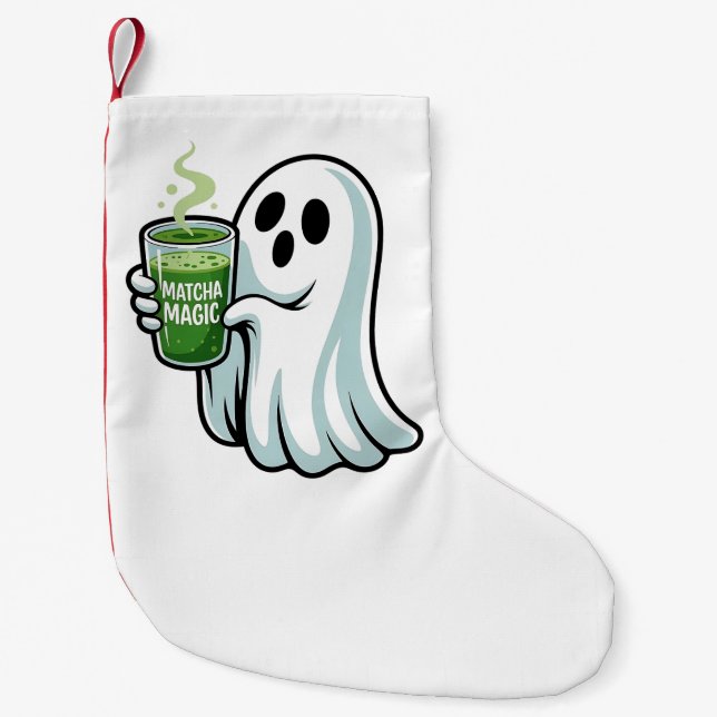 Calcetín Navideño Pequeño Espeluznante Fantasma Bebiendo Matcha (Anverso)