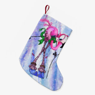 Calcetín Navideño Pequeño Esquiador divertido de flamencos rosados - Cómic