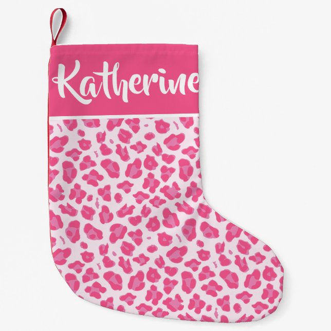Calcetín Navideño Pequeño Estampado leopardo rosado - personalizado (Anverso)