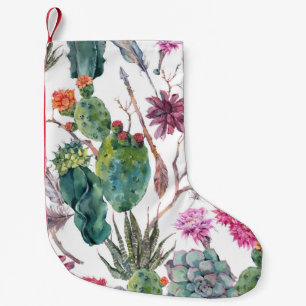 Calcetín Navideño Pequeño Estilo Boho, acuarela de cactus vintage.