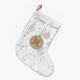 Calcetín Navideño Pequeño Estiloso copos de nieve pardo y gris monogramados