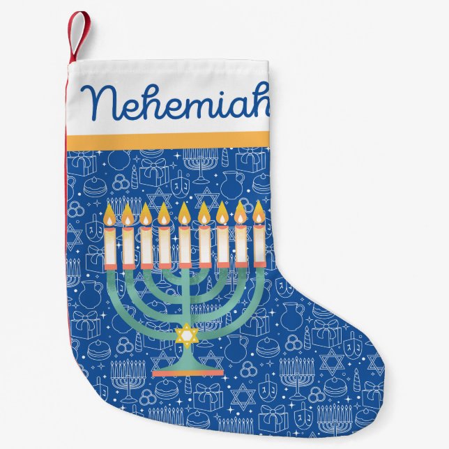 Calcetín Navideño Pequeño Estrella de Hanukkah de David Hanukkah blanco azul (Anverso)