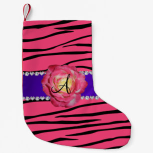 Calcetín Navideño Pequeño Estrellas de cebra rosa rosada monogramo rosa