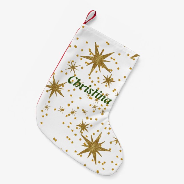 Calcetín Navideño Pequeño Estrellas doradas navideñas personalizadas lindo p (Frente (Colgado))