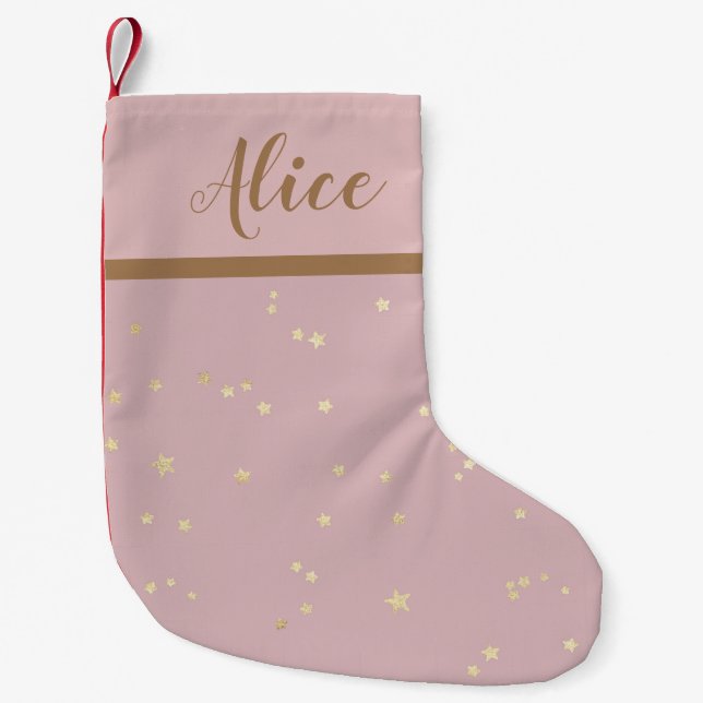 Calcetín Navideño Pequeño estrellas doradas rosadas monograma falso Relieve  (Anverso)