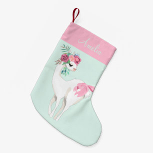 Calcetín Navideño Pequeño Fácil Chica de Llama Verde Mint Rosa